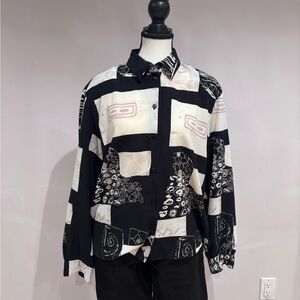 Alia 80’s Black and White Geometric Button Down Blouse with Shoulder Pads